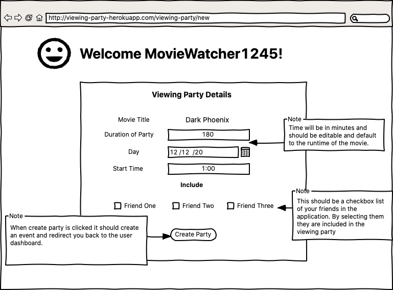 create viewing party wireframe